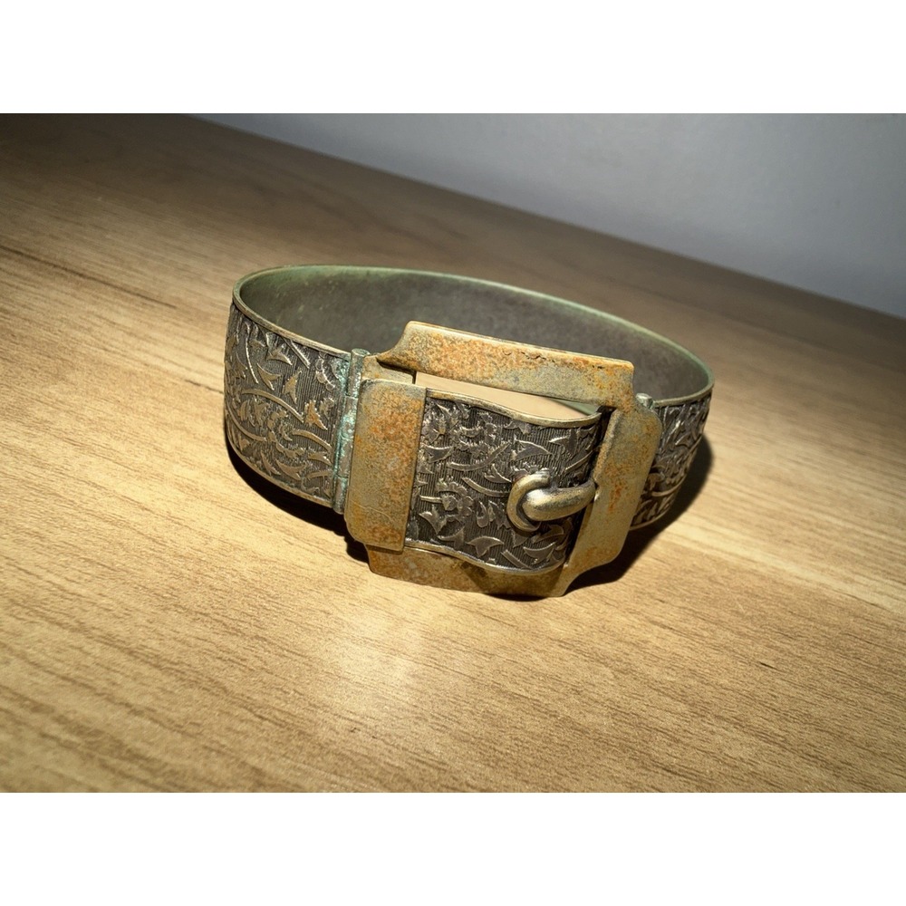 Antique Art Deco Silver‎ Tone Buckle Bracelet with Ornate Floral Engravings